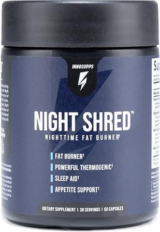 Night Shred | Queimador de Gordura Noturno e Suporte Natural ao Sono | Ashwaganda, 5-HTP, CLA, Melatonina | Supressor de Apetite | Suporte para Perda de Peso (60 Cápsulas Vegetarianas) - InnoSupps