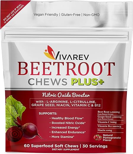 VIVAREV - Suplemento de Óxido Nítrico de Beterraba – 1000mg de Pó de Beterraba com L Arginina, L Citrulina, Extrato de Semente de Uva, Niacina, Vitamina C – Marca de Produto