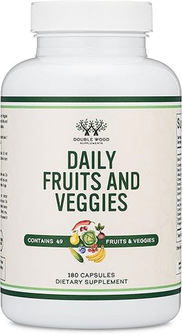Double Wood Supplements - Suplemento de Frutas e Vegetais (Mistura Diária de 49 Frutas e Vegetais Diferentes, 23 Vegetais e 29 Frutas) 1.500mg por Porção, 180 Cápsulas (Sem Aditivos, Vegano, Não-OGM)