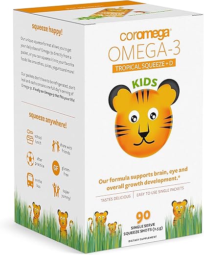 Kids Ômega 3 – Suplemento de Óleo de Peixe, 650mg de Ômega-3, Vitamina D de Laranja Tropical, 90 Pacotes Individuais de Aperto - Coromega