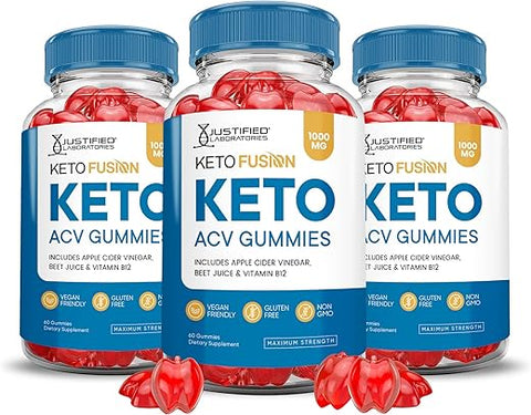 Justified Laboratories - (3 Pacotes) Gomas Keto Fusion ACV Fórmula Avançada 1000MG Ketofusion Gomas Keto de Vinagre de Maçã Formuladas com Pó de Romã e Beterraba B12 Vegano Não GMO 180 Gomas