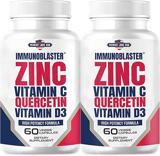 IMMUNO BLASTER - (2 Pacotes) ImmunoBlaster Zinc Quercetina 500mg com Vitamina D e C – Suporte Imunológico Antioxidante de Alta Potência para Homens e Mulheres – Livre de Glúten e Soja