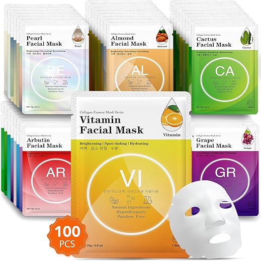 VESPRO - 100 Pacote Máscaras Faciais de Colágeno em Folha, Máscaras Faciais a Granel para Cuidados com a Pele, Máscaras Hidratantes para Todos os Tipos de Pele, Hidratação e Calmante, Cuidados Naturais com a Pele, Máscara Facial de Spa