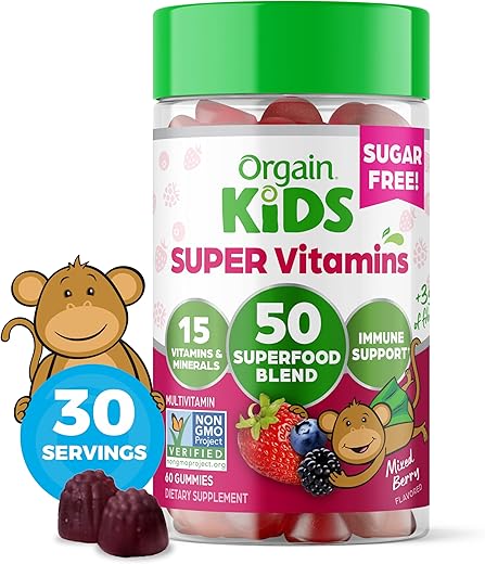 Kids Gummies Vegan 50 Superfoods 15 Vitaminas Minerais Suporte Imunológico 3g Fibra Mixed Berry 4 Anos 1 Mês (60 Gummies) - Orgain