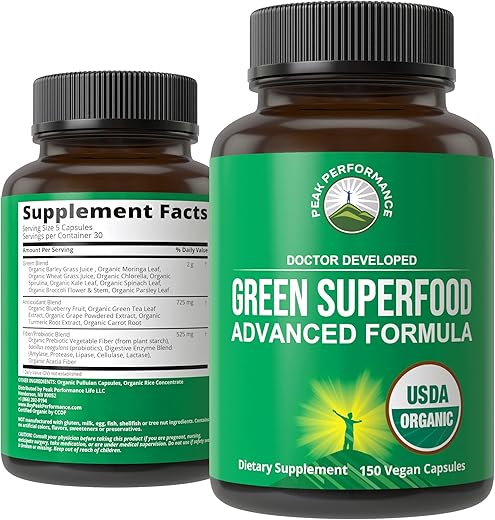 Peak Performance - Super Greens Orgânicos 150 Cápsulas – Suplemento de Suco Verde Superfood com 25 Ingredientes Orgânicos Naturais. Máxima Energia e Desintoxicação com Comprimidos Super Food de Spirulina, Espinafre