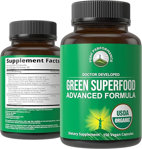 Peak Performance - Super Greens Orgânicos 150 Cápsulas – Suplemento de Suco Verde Superfood com 25 Ingredientes Orgânicos Naturais. Máxima Energia e Desintoxicação com Comprimidos Super Food de Spirulina, Espinafre