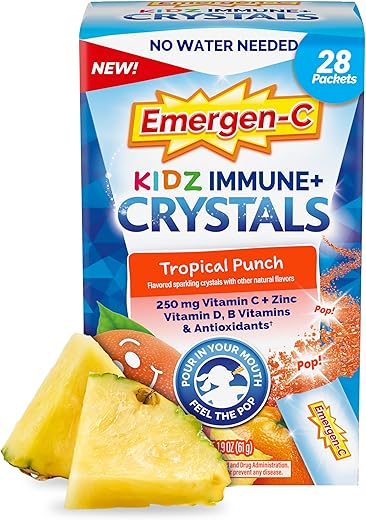 Kidz Immune Plus Crystals – Suplemento de Suporte Imunológico On-The-Go com Vitamina C, Vitamina D, Vitaminas do Complexo B, Zinco e Manganês, Sabor Tropical Punch – 28 Sachês Stick - Emergen-C