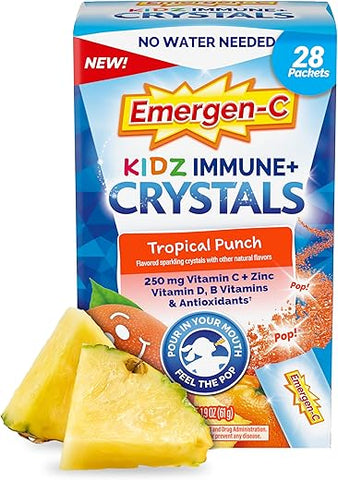 Kidz Immune Plus Crystals – Suplemento de Suporte Imunológico On-The-Go com Vitamina C, Vitamina D, Vitaminas do Complexo B, Zinco e Manganês, Sabor Tropical Punch – 28 Sachês Stick - Emergen-C