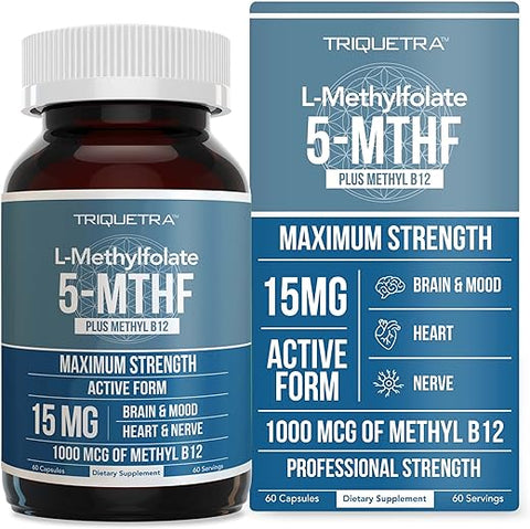 Triquetra Health - L Methyl Folate 15mg + Methyl B12 Cofator – Força Profissional, Forma Ativa 5-MTHF – Suporte para Humor, Metilação, Cognição – Formas Bioativas de Vitamina B9
