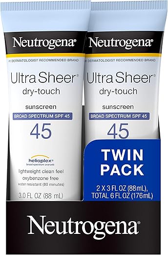 Protetor Solar Neutrogena Ultra Sheer Dry-Touch Resistente à Água e Não Oleoso FPS 45, Tamanho de Viagem Conforme TSA, 90 ml, Pacote com 2, 180 ml