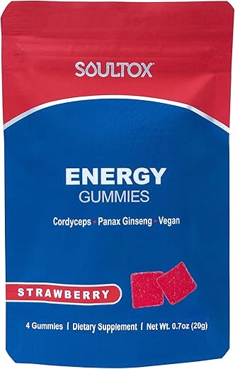 Lucky Soul - Soultox Energy Gummies de Cogumelo de Morango – Fórmula Vegana com Ginseng, Cordyceps, Cafeína, Vitamina B12 – Aumenta a Energia e a Função Cognitiva – Ingredientes Naturais – 10 Pacotes