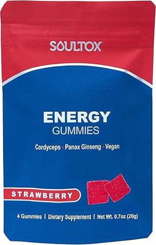 Lucky Soul - Soultox Energy Gummies de Cogumelo de Morango – Fórmula Vegana com Ginseng, Cordyceps, Cafeína, Vitamina B12 – Aumenta a Energia e a Função Cognitiva – Ingredientes Naturais – 10 Pacotes
