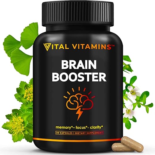 Suplemento Cérebro para Memória e Concentração – Suporte Nootrópico – Memória, Clareza, Concentração, Energia – Vitamina B12, Ginkgo Biloba, DMAE - Vital Vitamins
