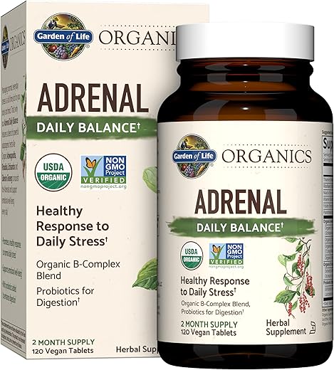 mykind Organics Adrenal Daily Balance – Ervas Adaptogênicas Ashwagandha, Manjericão Sagrado, Complexo B – 60 cápsulas - Garden of Life