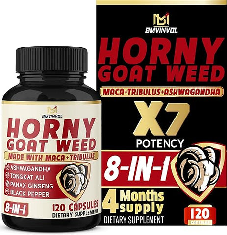 Horny Goat Weed para Homens e Mulheres com Maca, Tribulus, Ginseng, Ashwagandha, Tongkat Ali – 120 Cápsulas para 4 Meses de Fornecimento - BMVINVOL