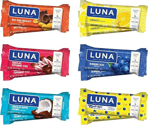 Luna Bar - LUNA Bar – Pack Sortido – Sem Glúten – Não-OGM – 7-9g Proteína – Feito com Aveia Orgânica – Baixo Índice Glicêmico – Barras de Lanche Nutritivas – Exclusivo Amazon – 48g (12 Unidades)