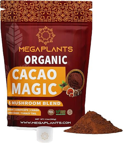 MEGAPLANTS - MegaPlants Cacao Magic (50 Porções) | Superfood 5 Blend de Cogumelos | Cogumelo do Leão, Reishi, Chaga, Cordyceps, Turkey Tail | Smoothie, Chocolate Quente, Alternativa ao Café