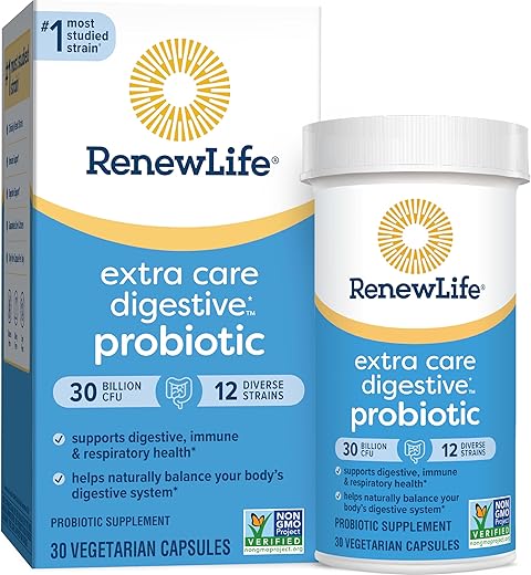 Cápsulas Probióticas Digestivas Extra Care, Suporte Diário para a Saúde Imune, Digestiva e Respiratória, L. Rhamnosus GG, Livre de Laticínios, Soja e Glúten, 30 Bilhões de UFC - Renew Life