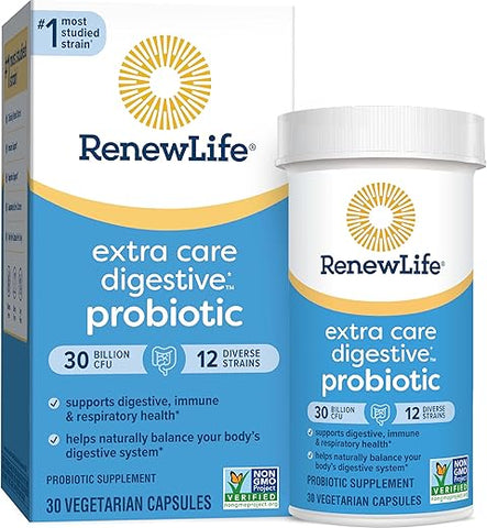Cápsulas Probióticas Digestivas Extra Care, Suporte Diário para a Saúde Imune, Digestiva e Respiratória, L. Rhamnosus GG, Livre de Laticínios, Soja e Glúten, 30 Bilhões de UFC - Renew Life