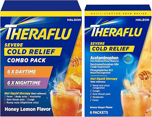 Combo Líquido Quente Alívio de Gripe Severa: 12ct Dia/Noite Sabor Mel Limão 6ct Dia Sabor Gengibre Mel – Marca Theraflu - Theraflu