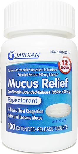 Mucus Relief 600mg Guaifenesin 12 Horas Liberação Prolongada, Expectorante para Congestão Torácica (Frasco com 100 Comprimidos) - Guardian