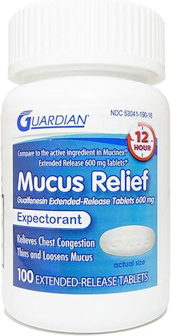 Mucus Relief 600mg Guaifenesin 12 Horas Liberação Prolongada, Expectorante para Congestão Torácica (Frasco com 100 Comprimidos) - Guardian
