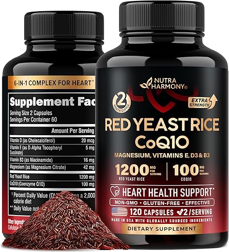 NUTRAHARMONY - Red Yeast Rice 1200 mg com CoQ10 100 mg – com Magnésio | Niacina | Vitamina E | 1200 mg de Arroz de Levedura Vermelha com 100 mg de CoQ10 – com Magnésio, Niacina e Vitamina E