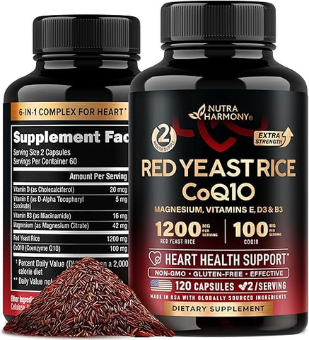NUTRAHARMONY - Red Yeast Rice 1200 mg com CoQ10 100 mg – com Magnésio | Niacina | Vitamina E | 1200 mg de Arroz de Levedura Vermelha com 100 mg de CoQ10 – com Magnésio, Niacina e Vitamina E