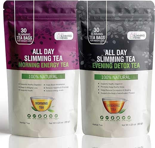 ALL SLIMMING HERBS - Chá Emagrecedor All Slimming Herbs para Perda de Peso – Desintoxicação Natural de 30 Dias que Reduz a Barriga – Chá Energético Diurno 30 Sachês Chá Desintoxicante Noturno 30 Sachês