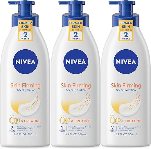 Loção Corporal Hidratante Sheer Hydration com Q10 e Creatina, Firmadora da Pele, Hidratante com Manteiga de Karité, Kit com 3 Frascos de 500 ml com Pump - NIVEA
