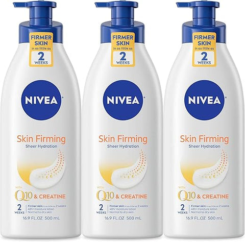 Loção Corporal Hidratante Sheer Hydration com Q10 e Creatina, Firmadora da Pele, Hidratante com Manteiga de Karité, Kit com 3 Frascos de 500 ml com Pump - NIVEA