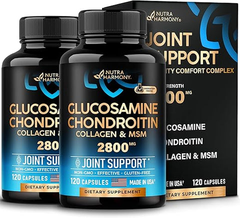 NUTRAHARMONY - Glucosamina | Condroitina | MSM | Colágeno – 2800 mg Suplemento de Suporte Articular – Fabricado nos EUA – Elegível para FSA HSA – Saúde da Cartilagem, Mobilidade