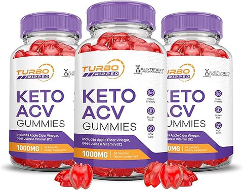 Justified Laboratories - (3 Pacotes) Gomas Turbo Ripped Keto ACV Fórmula Avançada 1000MG Gomas Turbo Ripped Keto Vinagre de Maçã Formulado com Suco de Romã em Pó Beterraba B12 Vegano Não GMO 180g
