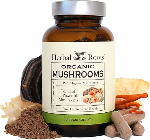 Cápsulas de Suplemento de Cogumelos Herbal Roots | Mistura de 8 Cogumelos Orgânicos | Turkey Tail, Lion’s Mane, Shiitake, Cordyceps, Reishi, Chaga, Maitake, Snow | 60 Cápsulas Veganas