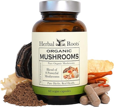 Cápsulas de Suplemento de Cogumelos Herbal Roots | Mistura de 8 Cogumelos Orgânicos | Turkey Tail, Lion’s Mane, Shiitake, Cordyceps, Reishi, Chaga, Maitake, Snow | 60 Cápsulas Veganas