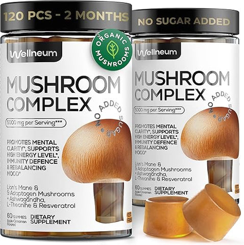 Wellneum - Gummies de Cogumelo 5000 Mg para Adultos – Mistura de Leão Mane e 9 Cogumelos Adaptogênicos – Ashwagandha, L-Theanine – Gummies de Cogumelo para Energia, Imunidade, Foco, Estimulante Cerebral – Sem