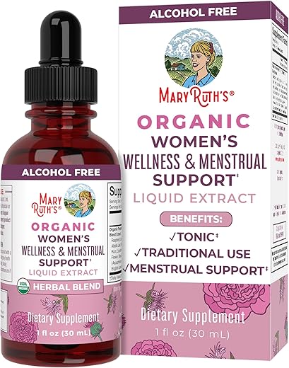 Suplementos Herbais Líquidos Orgânicos Certificados USDA para o Bem-Estar Feminino | Com Urtiga, Folha de Framboesa, Raiz de Eleuthero, Fruto do Casto | Suporte Menstrual | 100% Natural - MaryRuth Organics