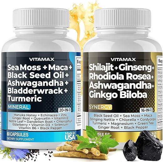 Vitamax - Suplemento Orgânico de Shilajit Puro do Himalaia 10.000mg, Musgo do Mar 2.000mg, Ashwagandha 6.000mg, Alga Marinha 1.000mg, Ginkgo Biloba 500mg – Cápsulas Orgânicas