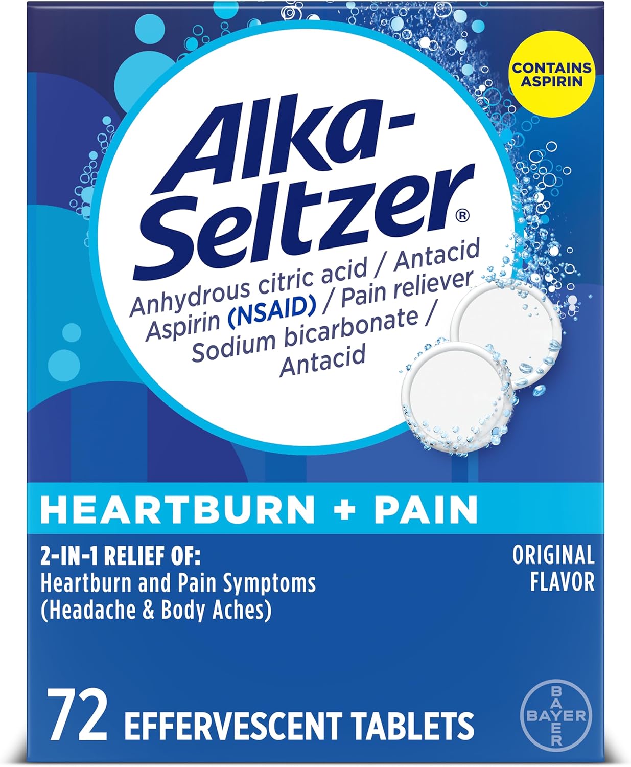Alka-Seltzer Heartburn Relief and Pain Relief, Aspirin + Antacid Effervescent Tablets, 72 Count