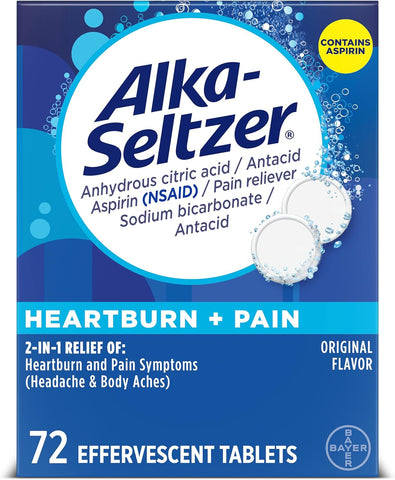 Alka-Seltzer Heartburn Relief and Pain Relief, Aspirin + Antacid Effervescent Tablets, 72 Count