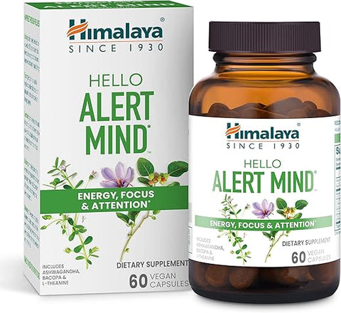 Hello Alert Mind com Ashwagandha, Bacopa, L-Theanine, Vitamina B6 – Fórmula Energizante para Mente – 60 cápsulas - Himalaya