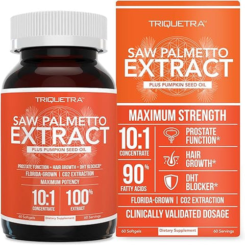 Triquetra Health - Extrato de Saw Palmetto – Potência 10X, Grau Farmacêutico – Óleo de Semente de Abóbora – Suporte à Saúde da Próstata, Alívio de Problemas Urinários, Estimula o Crescimento Capilar, DHT