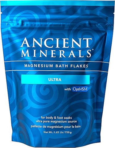 Flakes de Banho de Magnésio Ancient Minerals ULTRA com OptiMSM – Embalagem de Suplemento de Magnésio Reciclável de Cloreto de Zechstein com Absorção Comprovadamente Melhor que Sal de Banho de Epsom (750g)