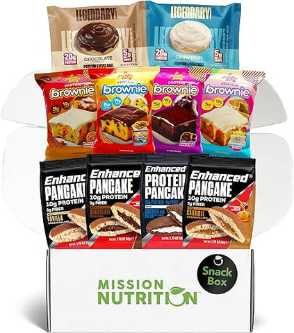 Mission Nutrition - Caixa de Lanches Variados (10 Unidades) – Brownies de Proteína Prime Bites, Rolinhos Doces de Proteína Legendary, Panquecas de Proteína Aperfeiçoadas – Alto Teor de Proteína, Baixo Açúcar, Baixo Carboidrato