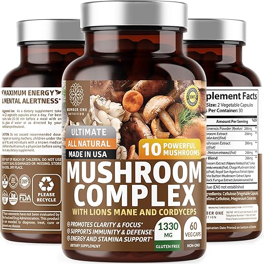 Number One Nutrition - N1N Complexo Premium de Cogumelos [10X Potentes] com Reishi, Cabeça de Leão, Cordyceps, Chaga, Cauda de Peru e Maitake para Apoiar a Saúde, Funções Cerebrais e Níveis de Energia, 60 cápsulas