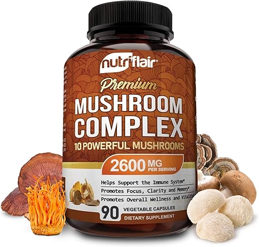 Mushroom Supplement 2600mg – 90 Cápsulas | Blend de 10 Cogumelos – Reishi, Lions Mane, Cordyceps, Chaga, Turkey Tail, Maitake, Shiitake, Oyster | Complexo Nootrópico para o Cérebro | Potente e Natural - NutriFlair