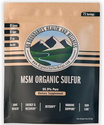 No Boundaries Health and Wellness MSM Organic Sulfur - Cristais de Enxofre Orgânico MSM da No Boundaries Health and Wellness – Suplemento de Saúde Premium 99,9% Puro MSM – Benefícios: Dor nas Articulações, Alergias, Pele, Cabelo