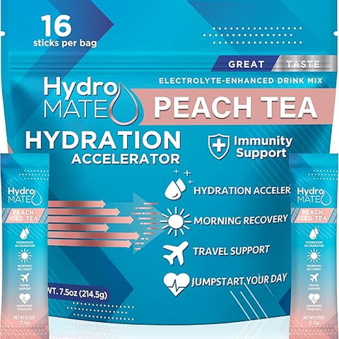 NatureWorks - Hidratante em Pó HydroMATE para Bebida com Eletrólitos, Baixo Açúcar, Acelerador de Hidratação, Recuperação Rápida de Festas com Vitamina C B12, Chá Gelado de Pêssego – 16 Sticks