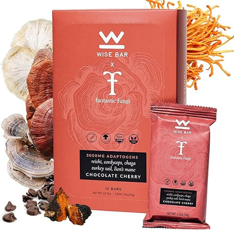 WISE BAR - Barras Nutricionais Wise Bar Adaptogen | Sabor Chocolate Cereja | 12 Unidades | Dose Diária Completa de 3.000mg de Cogumelos Funcionais e Adaptógenos por Barra | Orgânico, Vegano, Sem Glúten | 36g por Barra