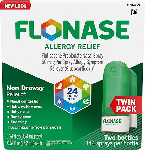 Spray Nasal Alívio de Alergia, Medicamento para Alergia Não Sonolento de 24 Horas, Spray Nasal Medido – 144 Sprays (Pacote com 2) – Alívio de Alergia de Outono e Sazonal - Flonase